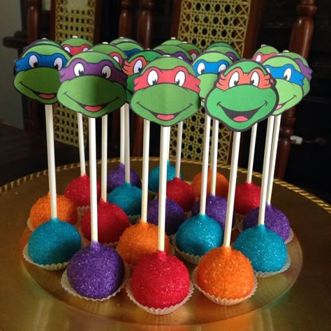 Tmnt Cake Pops, Ninja Turtle Desserts, Turtle Cake Pops, Ninja Turtle Cake Pops, Turtles Birthday Party Ideas, Ninja Turtles Birthday Party Ideas, Ninja Turtle Party Ideas, Ninja Turtle Birthday Cake, Turtle Party Ideas