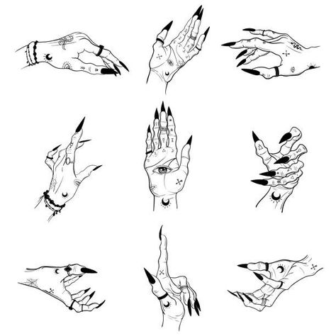 Nails Rings, Creepy Hand, Witch Drawing, Witch Hands, Witch Tattoo, Hand Drawing Reference, Geniale Tattoos, Hand Reference, Pencil Drawings Easy