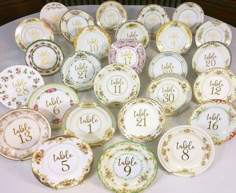 Vintage Plate Table Numbers, Plate Table Numbers, Place Setting Cards, Vintage Wedding Table, Floral China, Wedding Plates, Antique Plates, Table Names, Sweetheart Table