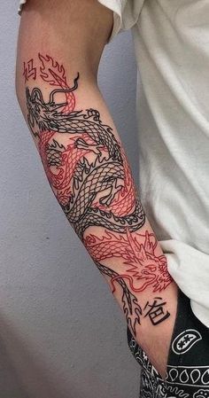 Dragon Tattoo Wrapped Around Arm, Tato Irezumi, Black Serpent, Japanese Hand Tattoos, Forearm Cover Up Tattoos, Dragon Tattoo Arm, Serpent Dragon, 50 Tattoo, Red Dragon Tattoo