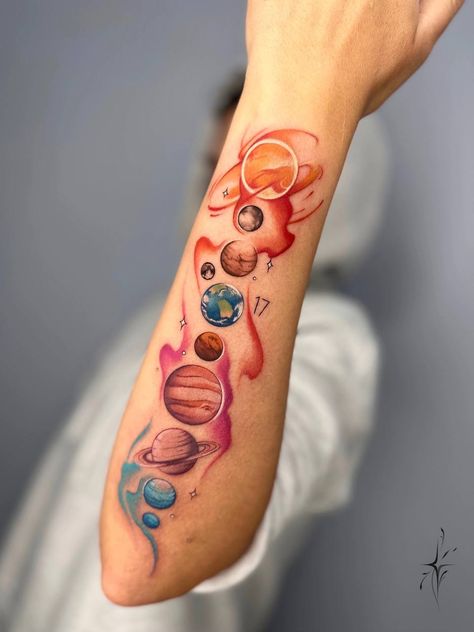 Galactic Tattoo, Planets Tattoo, Wing Tattoos On Back, Colour Tattoo For Women, Solar System Tattoo, Penguin Tattoo, Tattoos To Cover Scars, Food Tattoos, Planet Tattoos