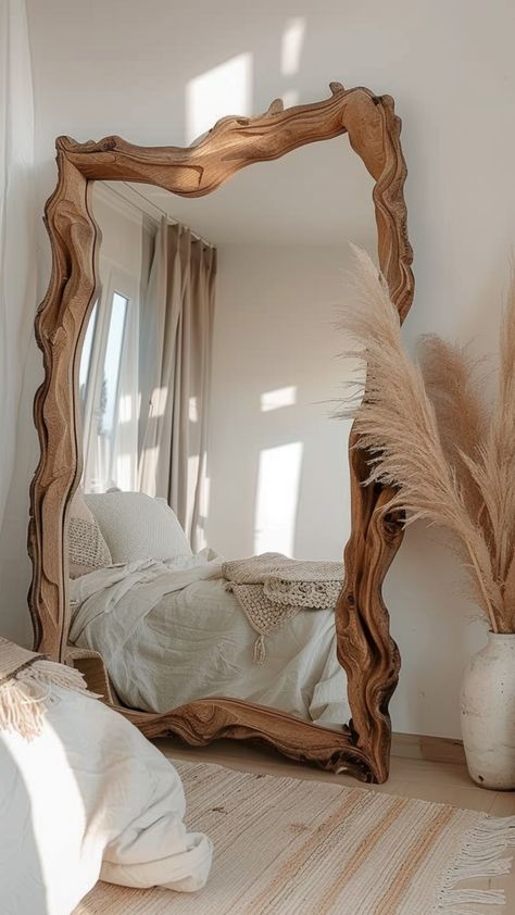 a boho mirror Anthropology Mirror Decor, Mirrors Decoration Ideas, Diy Mirror Headboard Ideas, Boho Full Length Mirror, Mirror Wall Design Ideas, Full Length Mirror Living Room, Floor Mirror Living Room, Mirrors In Living Room Ideas, Diy Mirror Frame Ideas