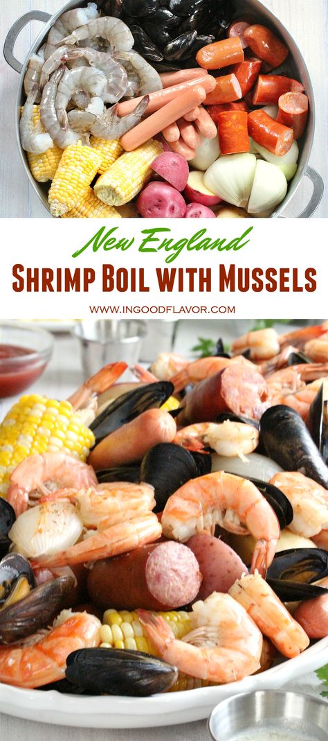 This easy New England Shrimp Boil with Mussels is a seafood lover and meat eater’s delight. With potatoes, onion, corn, Portuguese sausages, hot dogs, shrimp and mussels, it has it all. It is an easy one-pot meal that never disappoints! #shrimpboil #newengland #seafoodboil #shrimrecipes #mussels Boiled Dinner, Seafood Boil Recipes, Meat Eater, Shrimp Boil, Easy One Pot Meals, Slow Cooked Meals, Salmon Dishes, Seafood Boil, Seafood Dinner