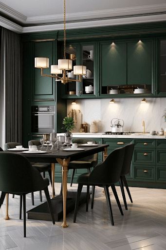 Green Paint Ideas, Classic Kitchen Ideas, Emerald Kitchen, Olive Green Kitchen, Green Kitchen Island, Kitchen Cabinets Design, Dark Green Kitchen, Kitchen Cabinet Color, Types Of Decor