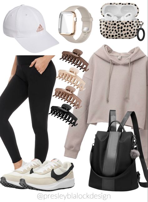 Cute Coach Outfits, Fashion For 2023 Women, Neutral Nike Outfit, Leggings Capsule Wardrobe, Legging Airport Outfit, Neutral Gym Outfits, Amazon Travel Outfit, Amazon Airport Outfit, Backpack Purse Outfit