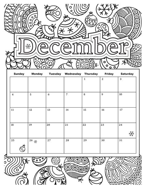 December Printable, Calender Printables, Printable Calendar Pages, Decorative Balls, Coloring Calendar, December Calendar, Christmas Calendar, Fall Coloring Pages, Free Printable Calendar