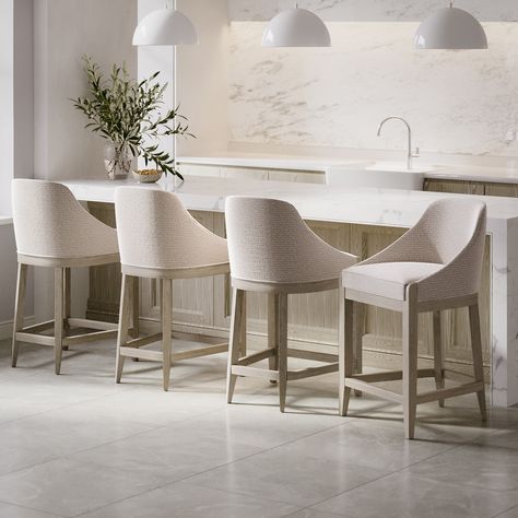 Set of 4 Beige Textured Upholstered Kitchen Stools With Back - Etta - Furniture123 White Kitchen Stools, Country Bar Stools, Kitchen Stools With Back, Modern Kitchen Chair, Country House Kitchen, Classic Bar Stools, Counter Stools With Backs, White Bar Stools, Modern Farmhouse Dining