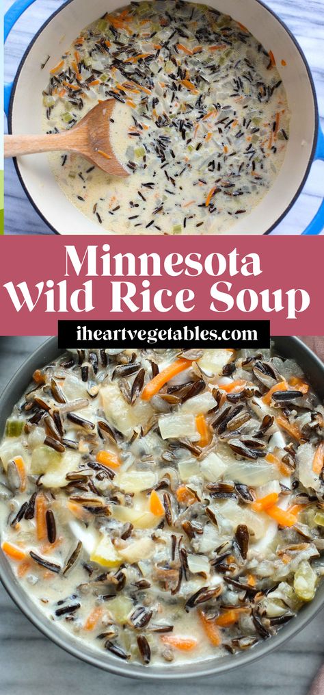 This Minnesota Wild Rice Soup is creamy and delicious with a rich broth and hearty wild rice. This meatless meal is perfect for a chilly winter evening! Minnesota Wild Rice Soup, Minnesota Wild Rice, Wild Rice Soup Recipes, Wild Rice Recipes, Chicken Wild Rice Soup, Rice Soup Recipes, Chicken And Wild Rice, Wild Rice Soup, Soup Recipes Slow Cooker