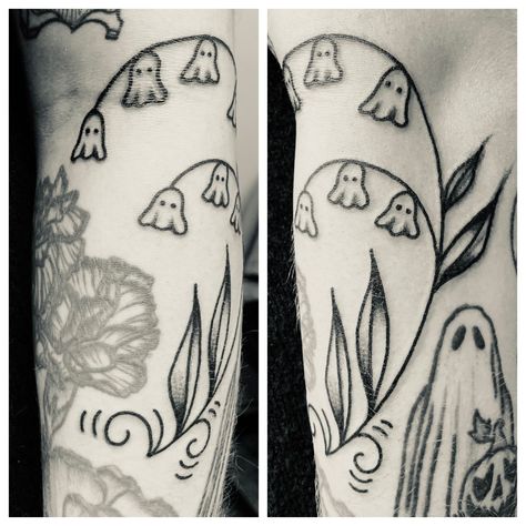 Lily of the valley tattoo, spooky tattoo, ghost tattoo, haloween tattoo, flower tattoo, floral tattoo, lilies of the valley Spooky Lily Of The Valley Tattoo, Ghost Lily Of The Valley Tattoo, Ghost Tattoos Flower, Ghost Stamp Tattoo, Ghost Flowers Tattoo, Ghost Lily Of The Valley, Ghost Floral Tattoo, Lily Of The Valley Ghost Tattoo, Spooky Flowers Tattoo