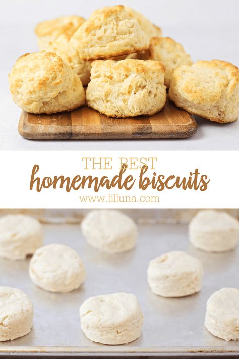 Easy homemade biscuits are buttery, deliciously flaky, and SO simple! They make the perfect side dish for any meal. #homemadebiscuits #biscuits #butterybiscuits #biscuitrecipe Best Buttermilk Biscuits, Buttermilk Biscuits Easy, Best Homemade Biscuits, Easy Homemade Biscuits, Frozen Biscuits, Breakfast Quick, Homemade Biscuits Recipe, Buttermilk Biscuits Recipe, Tea Biscuits