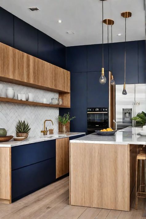 Contemporary kitchen with geometric backsplash and gold accents Kitchen Cheap Remodel, Ethereal Kitchen, Bold Kitchen Colors, Cabinet Fronts Styles, Modern Kitchen Wallpaper, Geometric Backsplash, Blue Kitchen Ideas, Small Kitchen Colors, Cheap Remodel