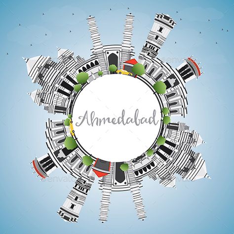 Ahmedabad Skyline with Gray Buildings Ahmedabad Illustration, Ahmedabad Skyline, Insta Board, City Skyline Silhouette, City Branding, Space Vector, Travel Tree, Illustration Business, Skyline Silhouette