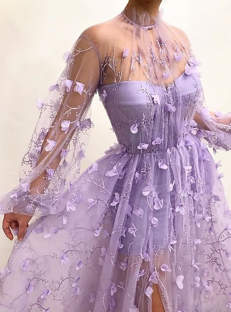 Fariy Prom Dress, Fairy Inspiered Dress, Grunge Fairy Core Prom Dress, Purple Flowey Dress, Purple Tulle Dress Prom, Tulle Dresses Long Sleeve, Prom Dresses Balloon Sleeves, Enchanted Garden Prom Theme Dresses, Lavender Butterfly Wedding Dress