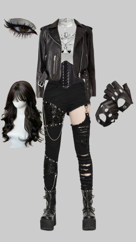 Girly Punk Rock Aesthetic, Goth Wrestling Gear, Biker Fit Women, Rockstar Women Outfits, Girly Biker Outfits, Dark Cyberpunk Outfit, Punk Witch Outfit, Rockstar Outfits For Women, Emo Inspired Outfits