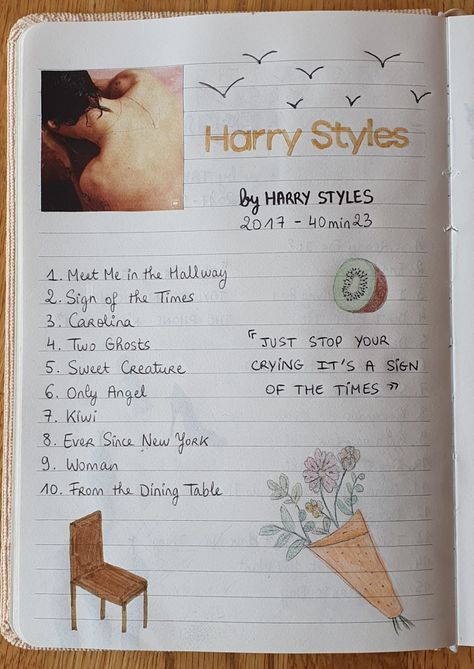 Harry Styles Album Drawing, Harry Styles Journal Page, Music Journal Pages, Music Journaling, Harry Styles Journal, Song Diary, Music Diary, Sign Of The Times Harry Styles, One Direction Drawings