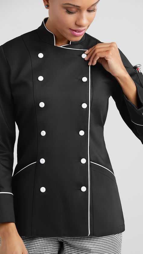 Chef Dress For Women, Professional Chef Uniform Women, Chef Outfit Women Style, Chef Coat Design For Women, Chef Jackets Design Woman, Chef Coat Women's, Chef Coat Design, Chef Jackets Women, Chefs Jacket