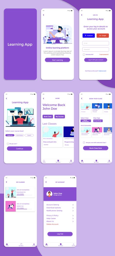 Simple E-Learning App UI Design on Behance App Inspiration Design, School App Design, User Interface Design Mobile App, E Learning App Ui Design, E Learning Design Ideas, Wireframe Design App, E Learning Website Design, Education App Ui Design, Learning App Ui Design