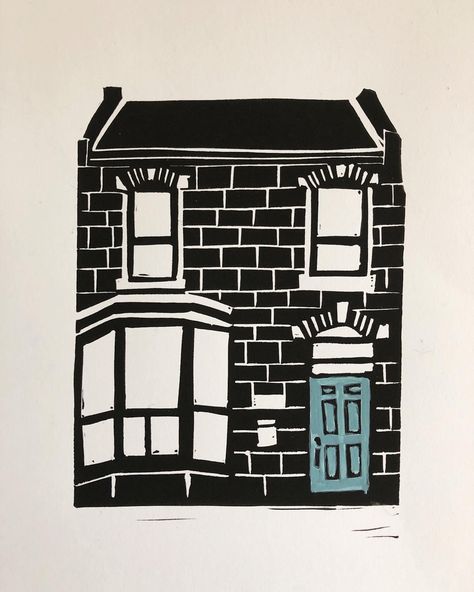 Building Lino Print, Brick House Illustration, House Lino Print, Building Linocut, Linocut Buildings, Architecture Linocut, Polystyrene Printing, House Linocut, Linocut Art Simple