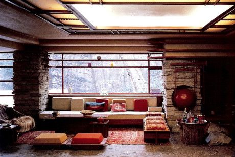 jack lenor larsen textiles | an eclectic eccentric Built In Lounge, Fallingwater Interior, Frank Lloyd Wright Falling Water, Frank Lloyd Wright Furniture, Frank Lloyd Wright Interior, Falling Water Frank Lloyd Wright, Falling Water House, Natural Stone Wall, Mediterranean Lifestyle