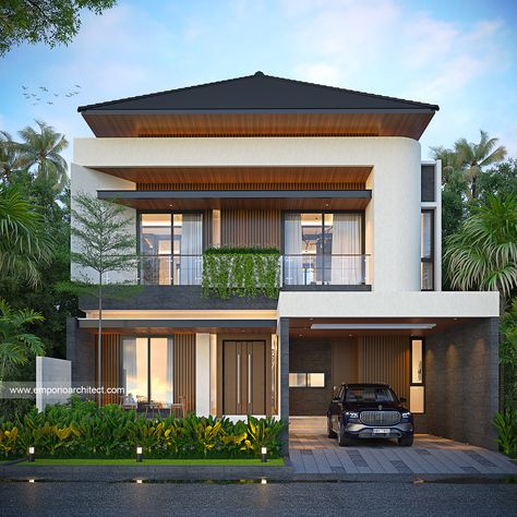 "1795th Design" . This house design is owned by our client in Depok. A homey impression with a modern tropical style is its hallmark. With a touch of natural color on the exterior of the building and beautified by a tropical garden. In addition, this house is also equipped with a back garden. Now not only a tropical garden, but also a swimming pool and sunbeds. The area makes the atmosphere of the house feel more like a villa. . The 21st design of June, 169th design of year 2023, 1795th desig... Tropical House Exterior, House 3 Floors, Modern Classic Home, Modern Tropical House, Tropical House Design, Emporio Architect, Best Modern House Design, Classic House Exterior, Tropical Architecture