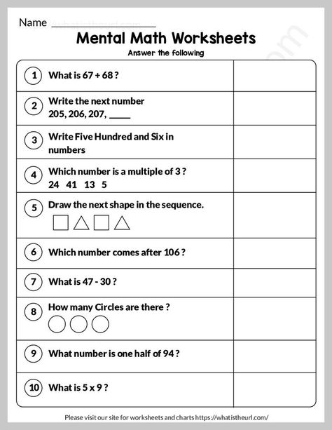 This is a mental math worksheet PDF for Grade 1 students. There is a list of 40 questions in it. There are 4 pages you can use. Please download the PDF Mental Math for Grade 1 – Exercise 11 40 Questions, Mental Maths, Mental Maths Worksheets, Math Fact Worksheets, Worksheets For Class 1, Math Exercises, Math Practice Worksheets, Maths Paper, 4th Grade Math Worksheets