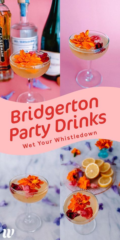 How to Make a Bubbly Bridgerton Cocktail. As sweet and tart as Lady Whistledown herself, this fizzy, floral cocktail will be the buzz of the town. Pinkies up! Plan the food and drinks for your Bridgerton British Party and start by making these cute Cocktails. Whimsy Soul. Bridgerton Cocktail, Cute Cocktails, British Party, Lady Whistledown, Bridgerton Inspired, Tea Party Theme, Tea Party Food, Themed Drinks, Bridal Tea