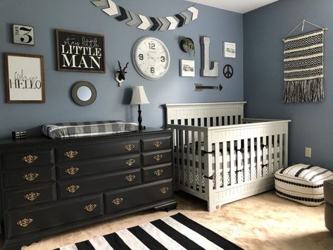 rustic black white and steel blue nursery with gallery wall Black And Navy Nursery, Crib And Dresser On Same Wall, Boy Nursery Ideas Themes, Boy Nursey, Boy Nursery Colors, Black White Nursery, Brown Dresser, Boy Nursery Themes, Decoration Theme