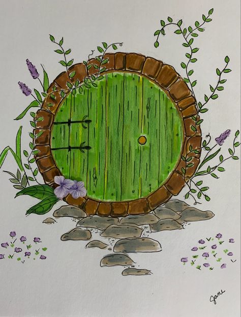 Fairy Core Paintings Easy, Fairy Door Drawing Simple, Fairy Door Drawing, Hobbit Door Painting, Painted Hobbit Door, Knomes Garden Drawing, Hobbit Hole Painting Acrylic, Fairy Core Room, Hobbit Doors