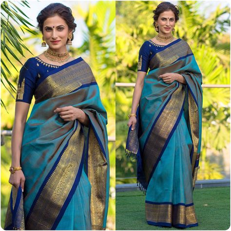 Blue teal kanchipuram silk sari by Shilpa Reddy Blue Silk Saree, Karen Willis Holmes, South Indian Sarees, Indian Saree Blouses Designs, Silk Saree Blouse Designs, Sonakshi Sinha, Hippy Chic, Traditional Saree, Bollywood Style