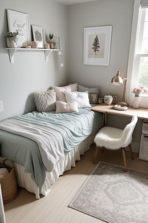 Room Ideas For Small Rooms Bedroom Space Saving, Teen Girl Bedroom Ideas Small Room, Small Grey Bedroom Ideas, Small Room Bedroom Space Saving, Small Room Girl, Small Room Makeover, Fall Bedroom Ideas, Dream Bedroom Inspiration, Luxury Room Bedroom