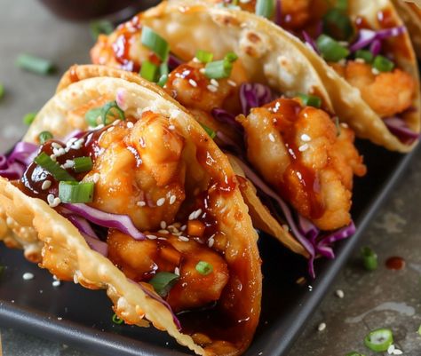 Crispy Chicken Wonton Tacos with Tangy Asian Slaw Crispy Wonton Tacos, Crispy Chicken Wonton Tacos, Asian Fusion Tacos, Asian Tacos Chicken, Asian Shrimp Tacos, Asian Chicken Tacos, Wonton Filling, Asian Tacos, Chicken Wonton Tacos