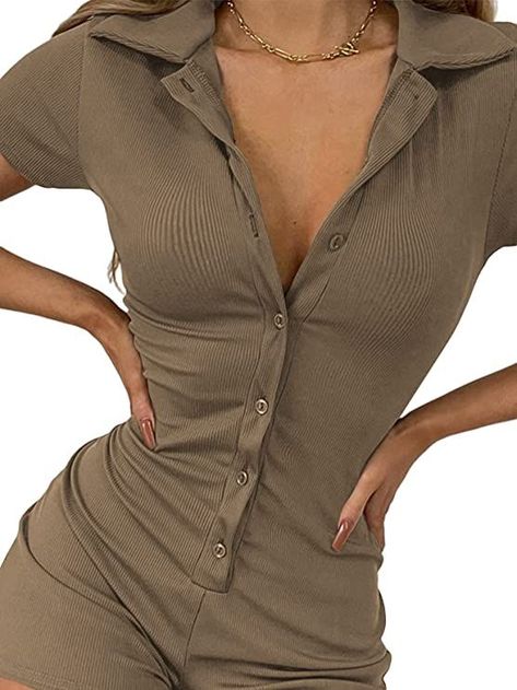 The ribbed knit button front bodycon romper playsuit for women is perfect for shopping, casual daily, home, casual, party, birthday, lounge, dating, honeymoon, night out, workout, seaside. ~ As an Amazon Associate I earn from qualifying purchases. Womens Black Jumpsuit, Jumpsuit Casual, Stylish Jumpsuit, Casual Bodysuit, Knitting Tips, Solid Color Jumpsuits, Body Suit With Shorts, Fitted Jumpsuit, Designer Jumpsuits