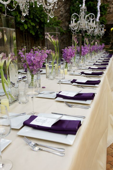 This purple table setting agrees perfectly with our chandeliers. Sukkah Decorations, Purple Table Settings, Passover Table Setting, Haiku Mill, Passover Table, Chandelier White, Purple Table, Beautiful Tablescapes, Road To Hana