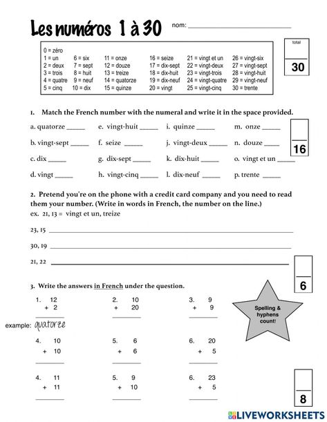 French Numbers Worksheet, French Worksheets For Beginners, French Numbers, Numbers Worksheet, Basic French Words, Basic French, French Worksheets, French School, Vocabulary Worksheets