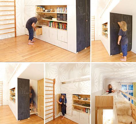 custom built-in loft bed for kids with secret passages, trap doors, and hideaways Loft Bed For Kids, Kid's Bed, Bed For Kids, Beds For Small Spaces, Secret Passages, Bunk Beds With Stairs, Secret Room, Handmade Charlotte, Hidden Rooms