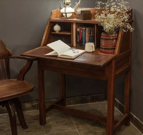 Antique Furniture With Modern Decor, Desk Next To Bookshelf, Dinning Room Table As Desk, Study Desk Vintage, Diy Vintage Desk, Writing Table Design, Secretary Desk In Living Room, Living Room Desk Ideas, Wooden Desk Aesthetic