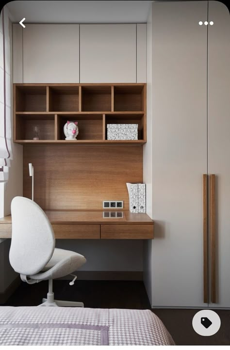 Study Design Room, Office Wardrobe Design, Shelves Around Bed, Small Room Interior Bedroom, Bedroom With Study, Home Office In Living Room, Home Office In Bedroom, Room Interior Bedroom, White Walls Living Room