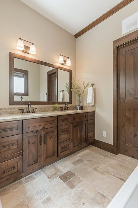 17 Brown Bathroom Ideas That Are So Chic You'll Ditch the White Tiles Forever Subway Tile And Wood Bathroom, Master Bath With Brown Cabinets, Bathroom With Walnut Cabinets, Brown Master Bath, Earthy Tone Bathroom, White And Tan Bathroom, Bathroom Brown Tile, Natural Wood Bathroom Vanity, Granite Shower