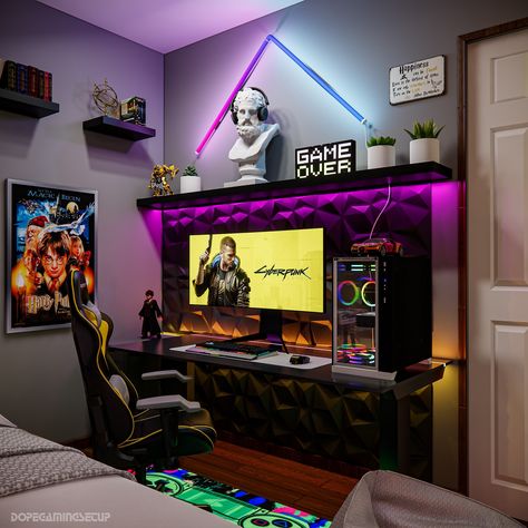 This bedroom designed for @henry_j__ with some Harry Potter accessories in a budget of 1.8K USD Size of room : 5x4 meters If you’re looking for a room design visit the link in bio or DM us with room dimensions for a quote @dopegamingsetup #gaming #gamingcommunity #pcgaming #gamer #gamingpc #roomdesign #interiordecor #gamingdecor #gamingmancave #deskgoals #roomdecor #deskorganisation #desktour #gamingroomdesign Harry Potter Gaming Room, Retro Gaming Room Setup, Gamer Bedroom Design, Small Room Gaming Setup, Computer Room Design, Small Gaming Room, Gaming Room Design, Games Room Inspiration, Small Game Rooms