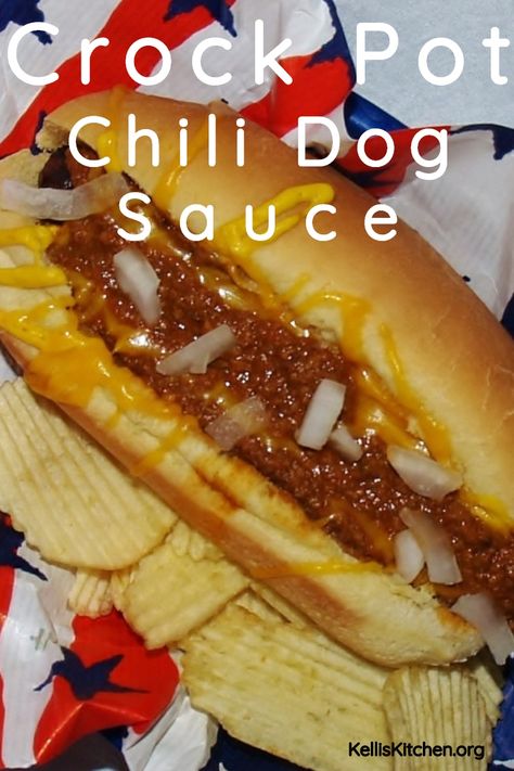 CROCK POT CHILI DOG SAUCE via @KitchenKelli Crock Pot Chili Cheese Dogs, Crockpot Chili For Hotdogs, Sweet Coney Dog Sauce, Chilli Sauce For Hot Dogs, Homemade Chili Sauce For Hotdogs, Coney Island Chili Dog Sauce, Chili Dog Sauce Recipe, Coney Dog Sauce, A & W Chili Dog Sauce