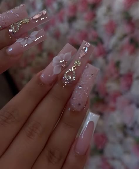 Homemade Nails, Nail Tech Aesthetic, Nails Pink Acrylic, Sweet 16 Nails, Acrylic Nails Pink, Quince Nails, Quinceanera Nails, Pink Quince, Girly Acrylic