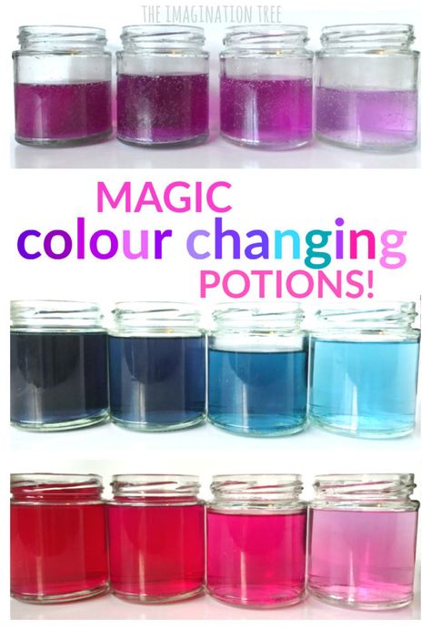 Play with color in this magical science project: colour changing potions! Potions Science Experiment, Color Changing Water Experiment, Harry Potter Science Experiments, Harry Potter Stem Activities, Harry Potter Activities For Kids, Harry Potter Science, Harry Potter Crafts For Kids Easy, School Science Fair Projects, Potions For Kids