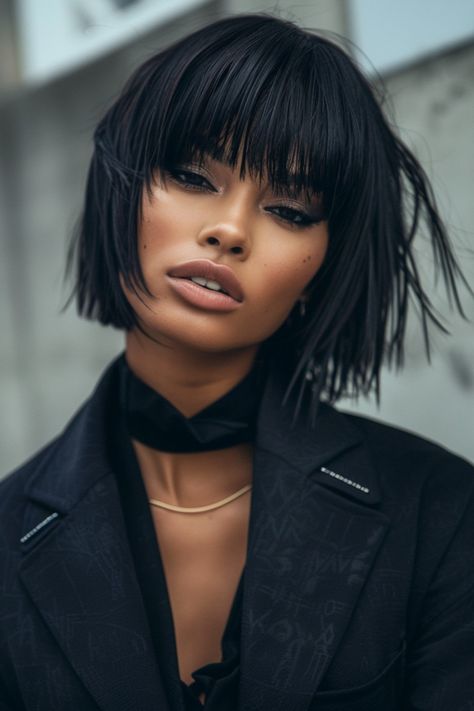 Woman with short black hair and bangs, wearing a black blazer and choker, looking directly into the camera. Bangs Blended Into Hair, Medium Black Hair With Bangs, Pointy Bangs, Messy Bob With Fringe, Short Dark Hair With Bangs, Bangs With Layered Hair, Ideas For Bangs, Layered Bangs Hairstyles, Short Black Hair With Bangs