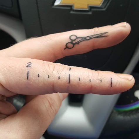 Hairstylist Hand Tattoos, Ruler Hand Tattoo, Ruler On Finger Tattoo, Hairstylist Finger Tattoos, Scissor Finger Tattoo, Ruler Finger Tattoo, Finger Ruler Tattoo, Ruler Tattoo Finger, Cosmetology Tattoos Hairstylists