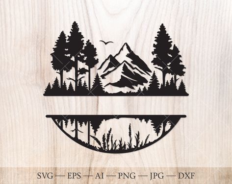 "Mountain range, lake and forest Monogram Split Name Frame SVG Cut File. Landscape Mountain SVG, lake svg, forest svg. High-quality vector silhouette. Perfect for printing, vinyl decals, scrapbooking, travel, outdoors, hiking and camping themed projects and much more. **Listing is for Digital product only and Instant download** Digital file bundle contains black&white vector files and high-resolution (300 dpi) raster files. Files are zipped in one \"zip\" file. Included files: 1 SVG file (for Cr Cabin Svg, Camping Decals, Lake And Forest, Forest Svg, Lake Svg, Mountains Svg, Mountain Svg, Landscape Mountain, Name Frame