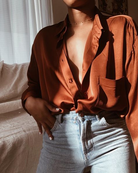 Rusty brown satin silk shirt Brown Silk Shirt Outfit Women, Brown Silk Button Down Shirt Outfit, Rust Shirt Outfit Fall, Brown Satin Shirt Outfit Women, Orange Satin Top Outfit, Satin Tshirts Outfits, Orange Satin Shirt Outfit, Brown Silk Top Outfit, Brown Satin Shirt Outfit