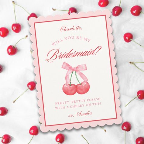 Personalized Name Bow Cherry Bridesmaid Proposal Invitation Bridesmaids Proposal, Bridesmaid Proposal Card, Girly Coquette, Asking Bridesmaids, Soft Watercolor, Be My Bridesmaid Cards, Bridesmaid Proposal Cards, Bridesmaid Box, Bridal Party Proposal