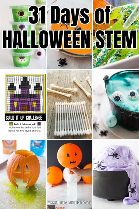 31 Spooky Halloween STEM Activities Little Bins for Little Hands #STEMforkids Halloween Crafts Simple, Halloween Art Projects For Elementary, Elementary Halloween Crafts, Halloween Elementary Activities, Halloween Stem Activities For Kids, Halloween Educational Activities, Easy Halloween Art, Art Projects For Elementary, Halloween Elementary