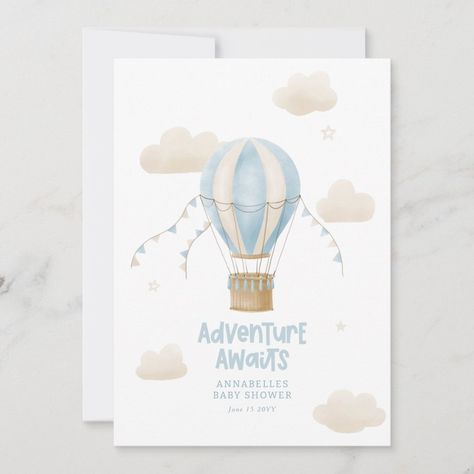 Baby shower blue hot air balloon adventure awaits invitation Blue Hot Air Balloon, Hot Air Balloon Adventure, Baby Shower Blue, Boy Design, Blue Baby Shower, Shower Design, Adventure Awaits, Hot Air Balloon, Air Balloon