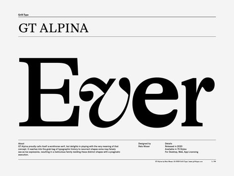 GT Alpina proudly calls itself a workhorse serif, but delights in playing with the very meaning of that concept. It reaches into the grab bag of typographic history to resurrect shapes some may falsely see as too expressive, resulting in a meticulous family melding these distinct shapes with a pragmatic execution. Serif Logo, Type Specimen, Type Inspiration, Typeface Design, Serif Typeface, Typography Letters, Modern Fonts, Typography Inspiration, Typography Fonts